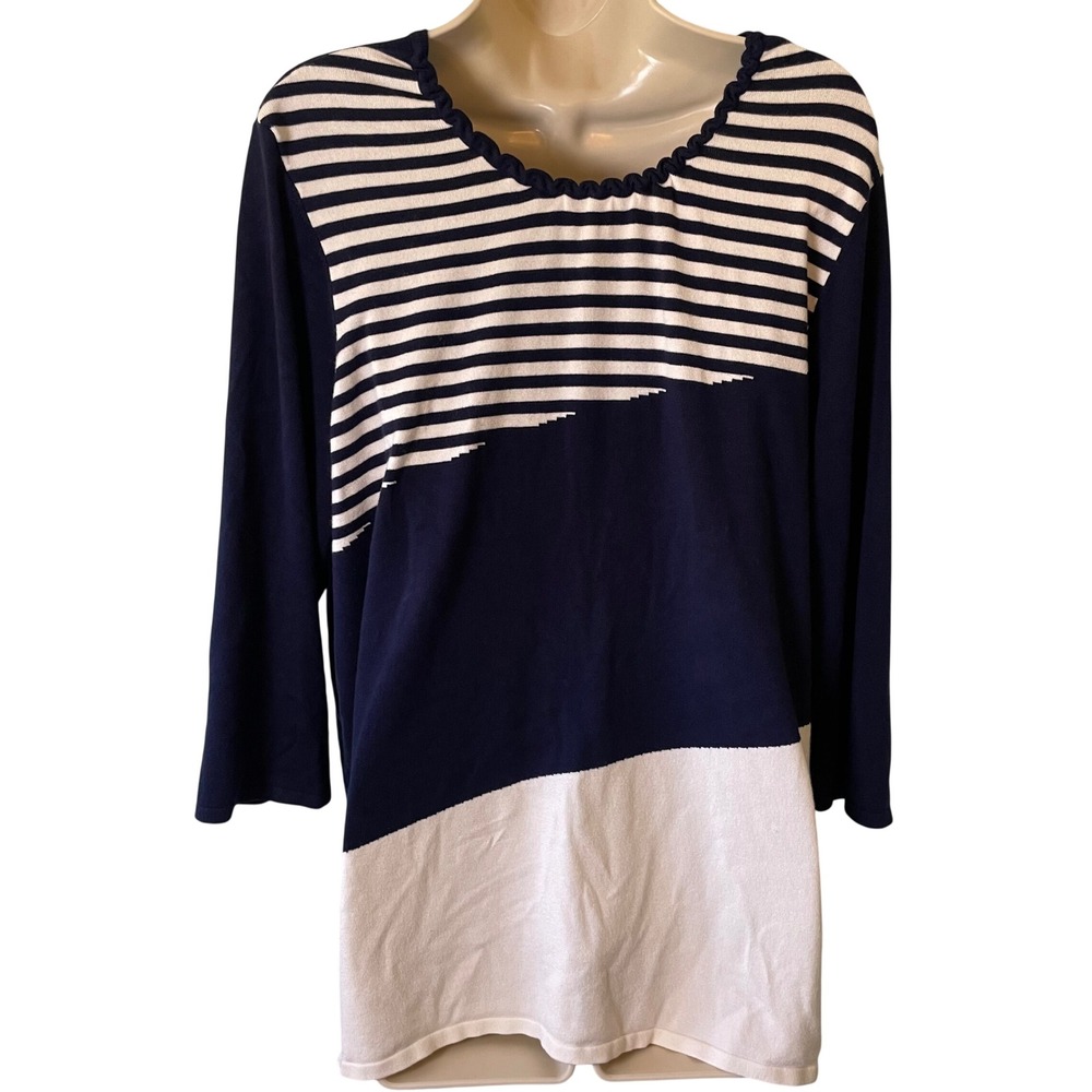 Chicos Navy Blue White Striped Colorblock Knit Sweater 3/4 Sleeve Size 4 XL